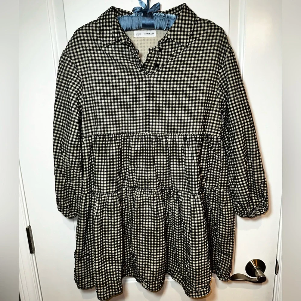 Zara Black Cream Gingham Tiered Babydoll Blouse Women’s 13/14 - Picture 5 of 10